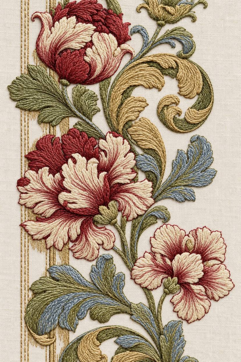 Renaissance Hand Embroidery Book 8 - three flower acanthus border. Fine cotton hand embroidery preview faithful to the original design.