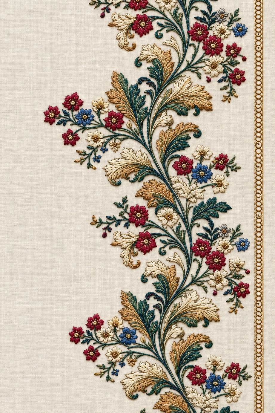 Renaissance Hand Embroidery Book 8 - floral vine edge border. Fine cotton hand embroidery preview faithful to the original design.