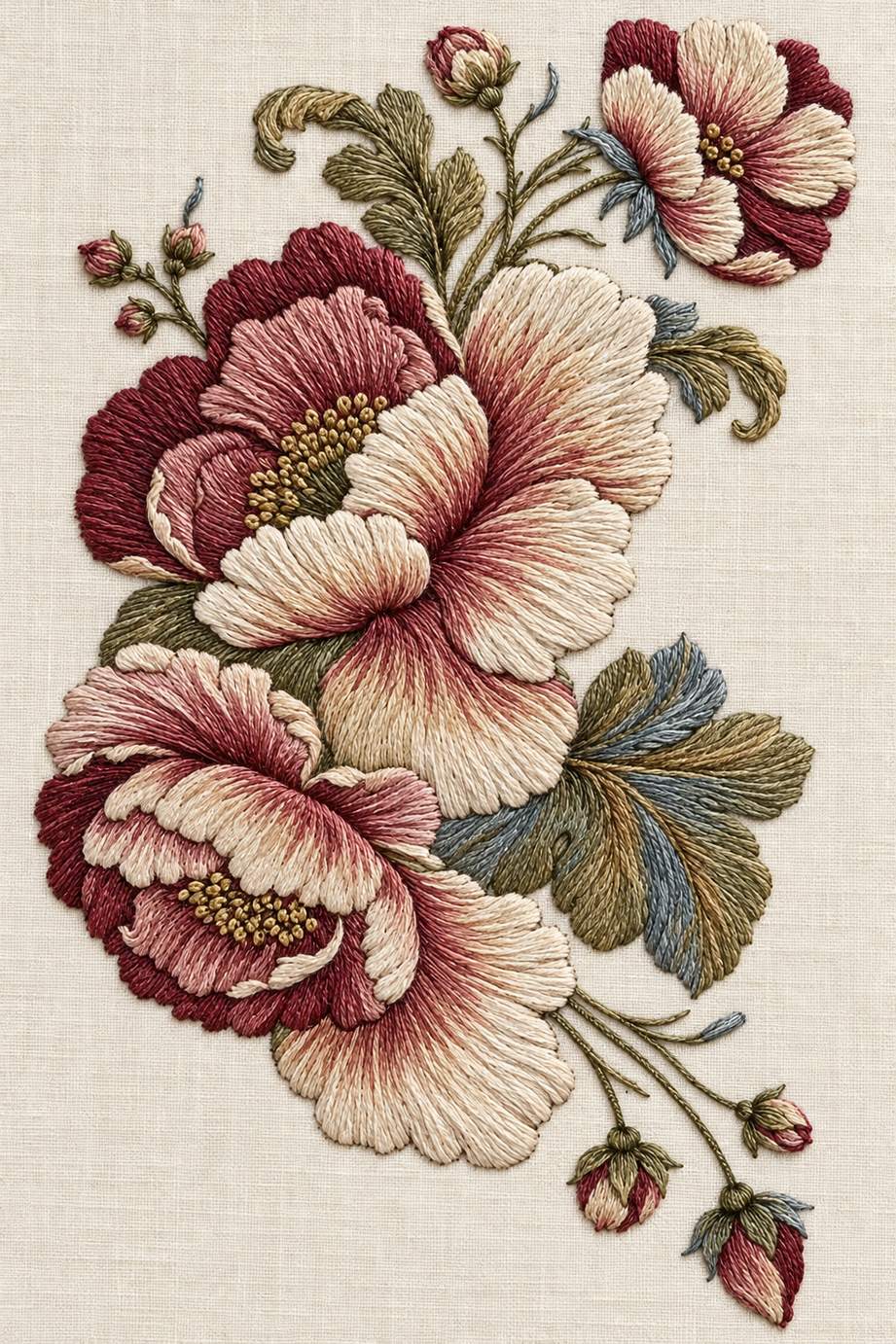 Renaissance Hand Embroidery Book 8 - three flower peony branch. Fine cotton hand embroidery preview faithful to the original design.