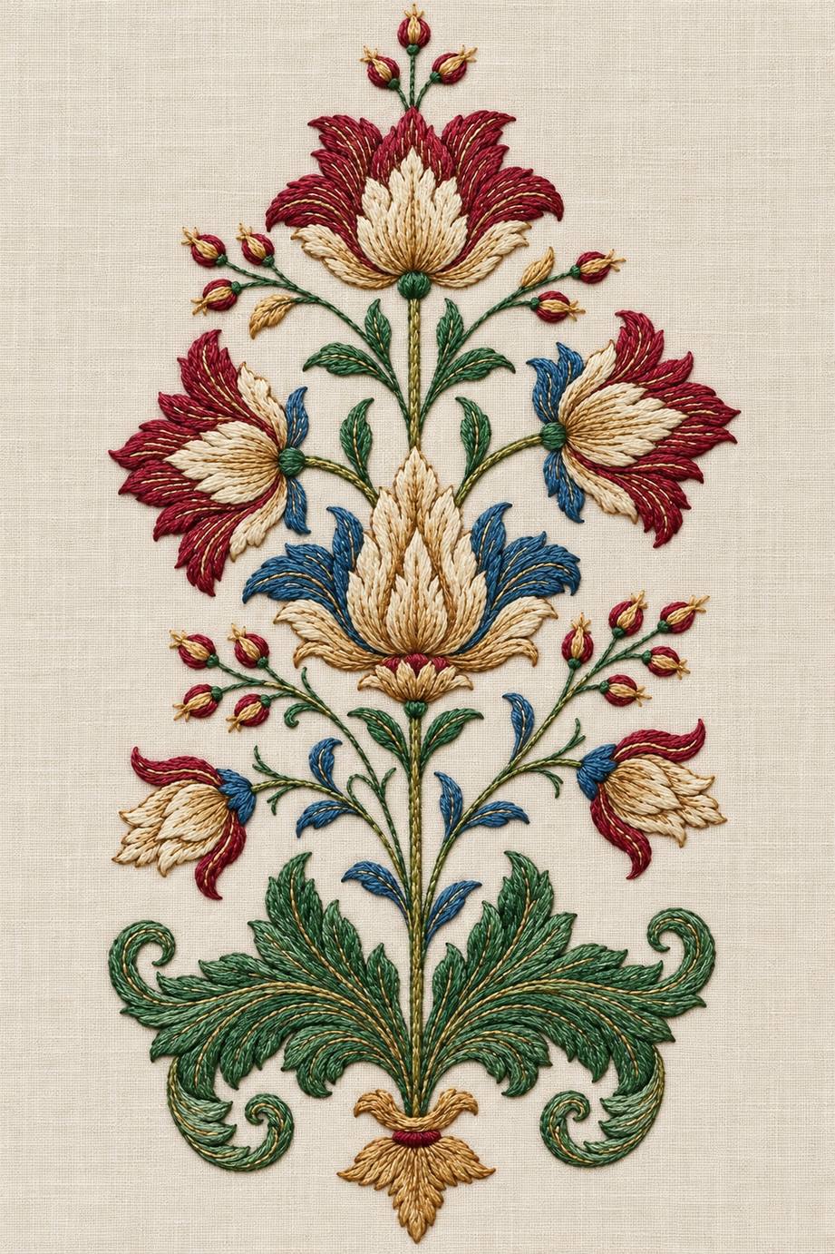 Renaissance Hand Embroidery Book 8 - symmetrical tulip acanthus. Fine cotton hand embroidery preview faithful to the original design.