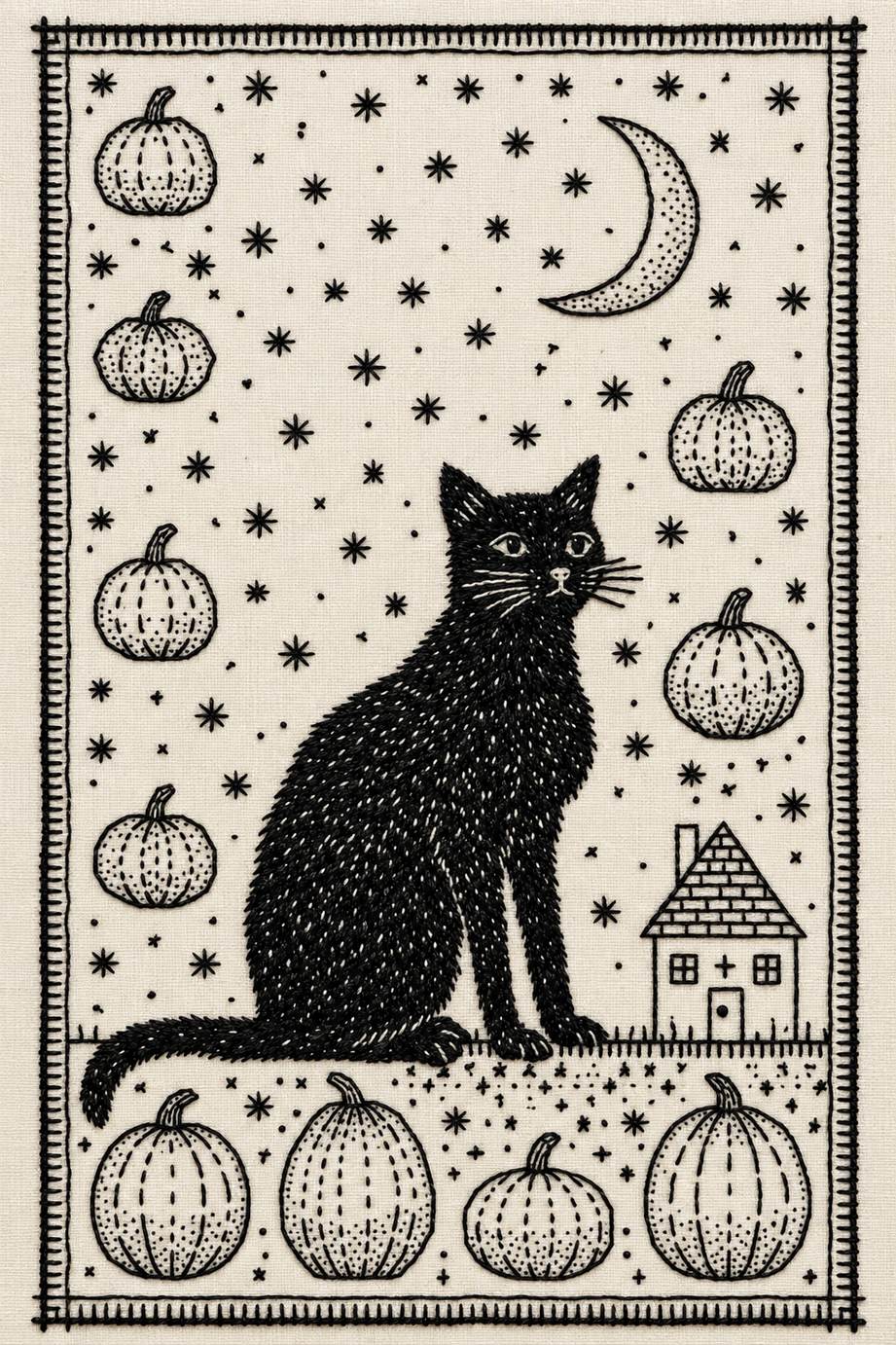 Vintage Cross Stitch and Redwork Library Book 4 - blackwork cat moon pumpkins. Fine cotton hand embroidery preview faithful to the original design.