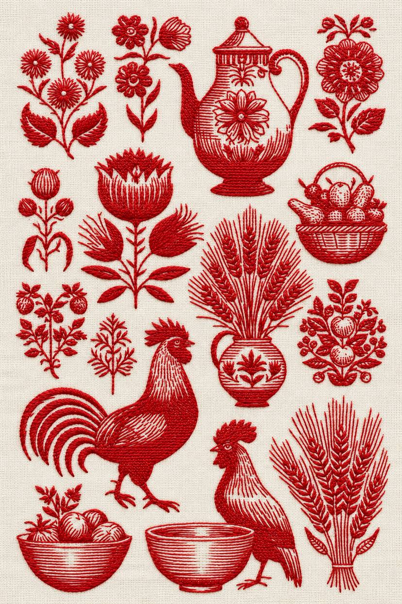 Vintage Cross Stitch and Redwork Library Book 3 - redwork folk kitchen collection. Fine cotton hand embroidery preview faithful to the original design.