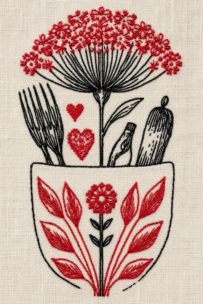 Vintage Cross Stitch and Redwork Library Book 3 - red black floral utensil pocket. Fine cotton hand embroidery preview faithful to the original design.
