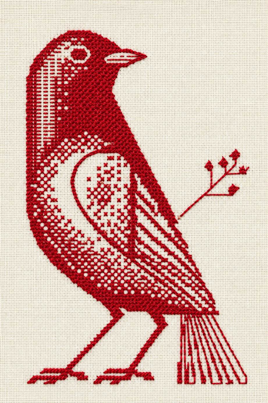 Vintage Cross Stitch and Redwork Library Book 3 - redwork geometric bird. Fine cotton hand embroidery preview faithful to the original design.