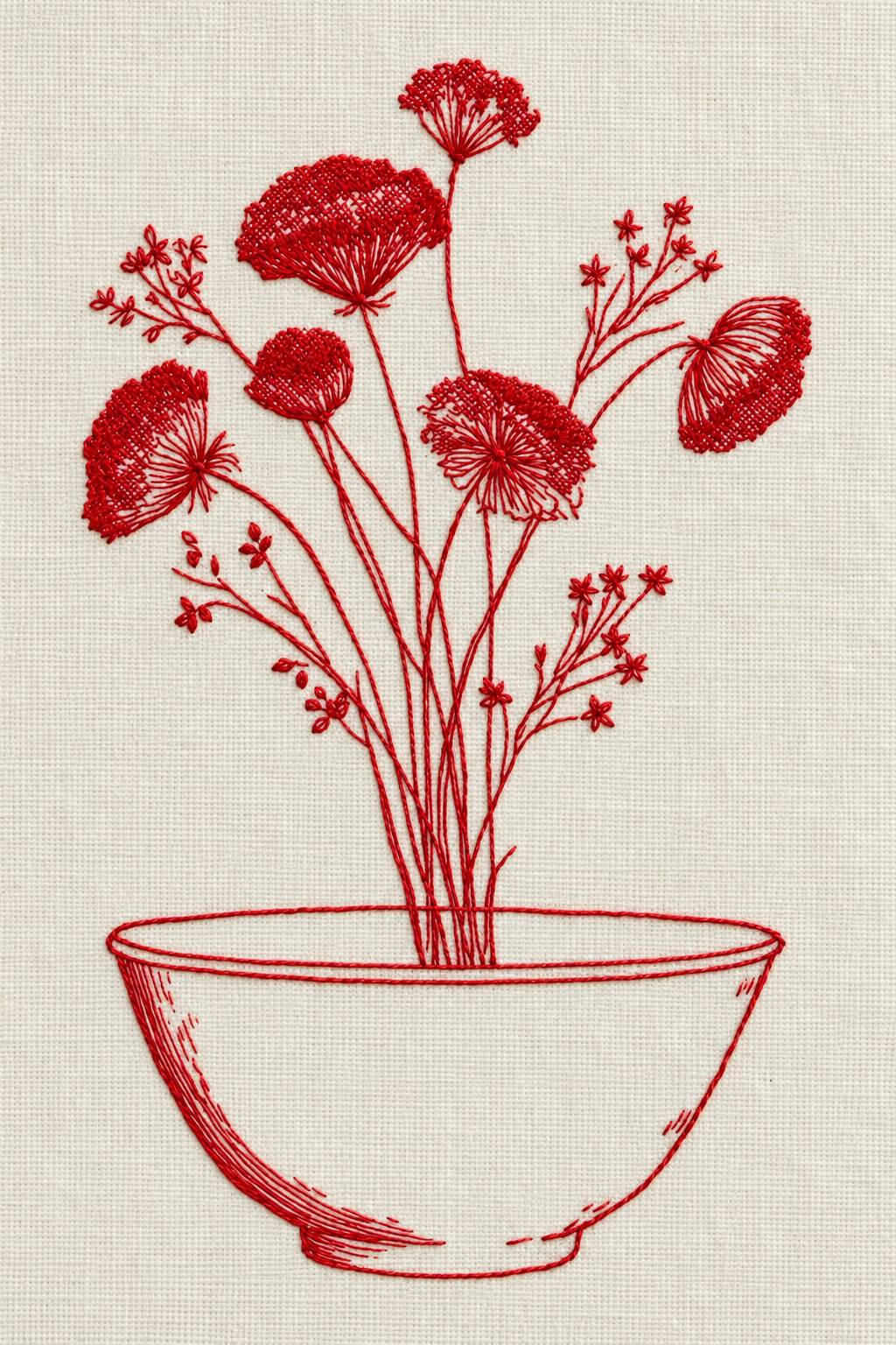 Vintage Cross Stitch and Redwork Library Book 3 - redwork poppy bowl. Fine cotton hand embroidery preview faithful to the original design.