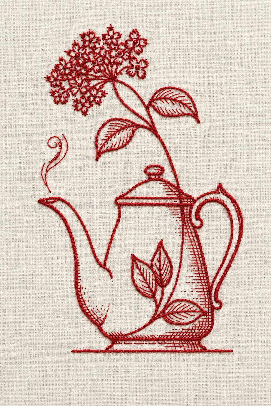 Vintage Cross Stitch and Redwork Library Book 3 - redwork flower teapot. Fine cotton hand embroidery preview faithful to the original design.