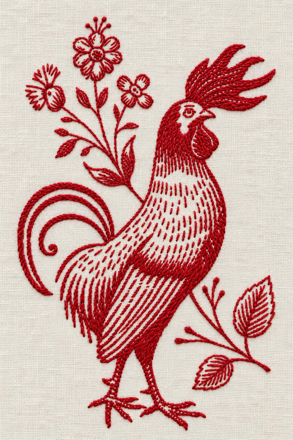 Vintage Cross Stitch and Redwork Library Book 3 - redwork floral rooster. Fine cotton hand embroidery preview faithful to the original design.