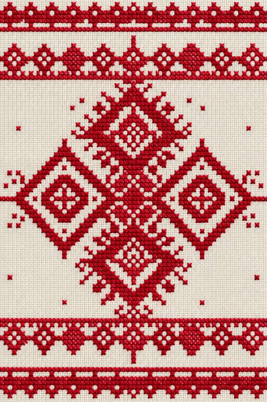 Vintage Cross Stitch and Redwork Library Book 3 - red cross stitch diamond bands. Fine cotton hand embroidery preview faithful to the original design.