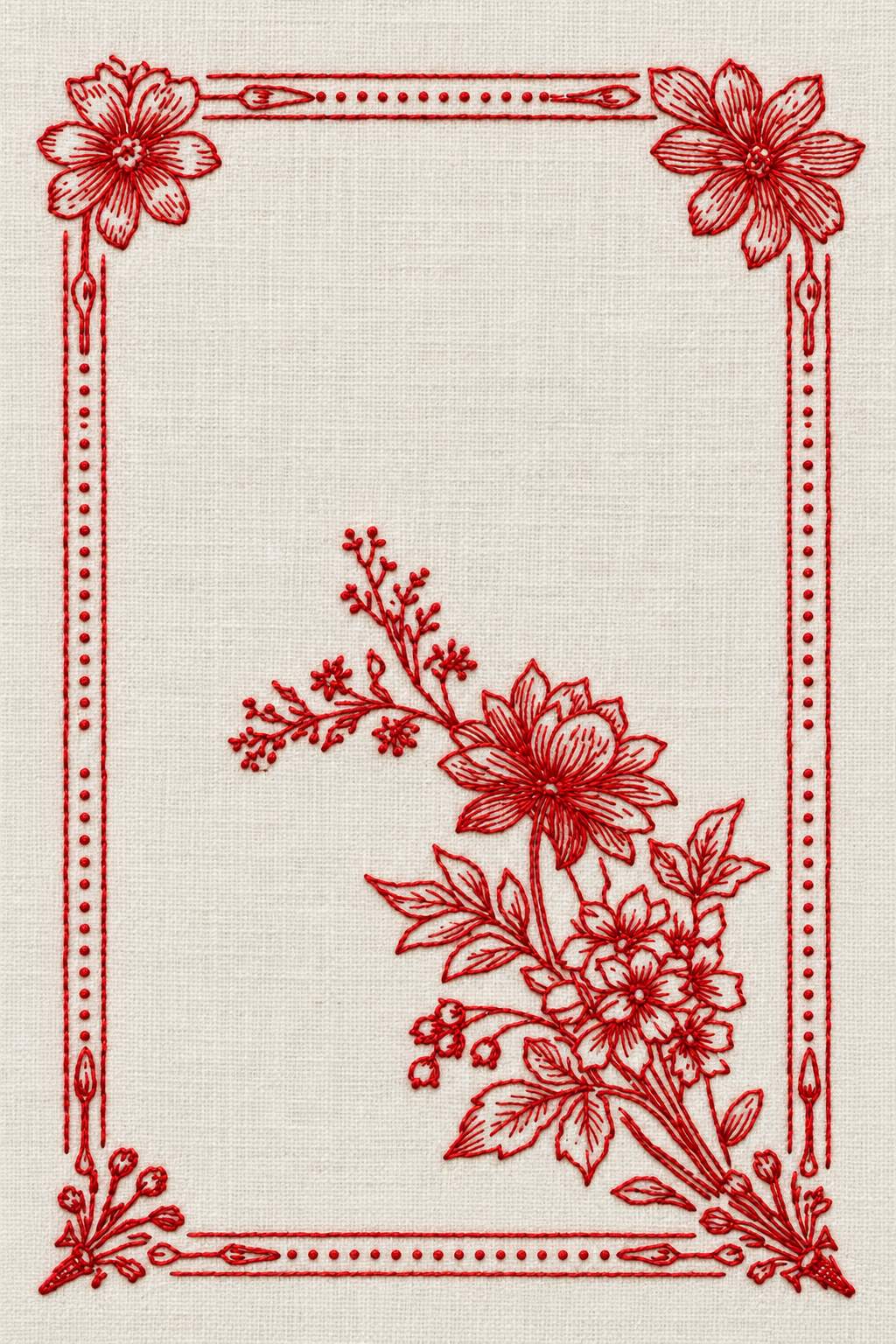 Vintage Cross Stitch and Redwork Library Book 3 - redwork corner floral frame. Fine cotton hand embroidery preview faithful to the original design.