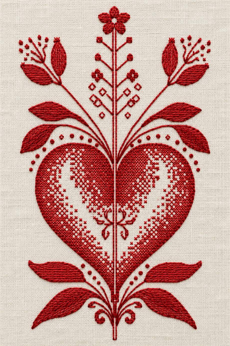 Vintage Cross Stitch and Redwork Library Book 3 - redwork heart floral stem. Fine cotton hand embroidery preview faithful to the original design.