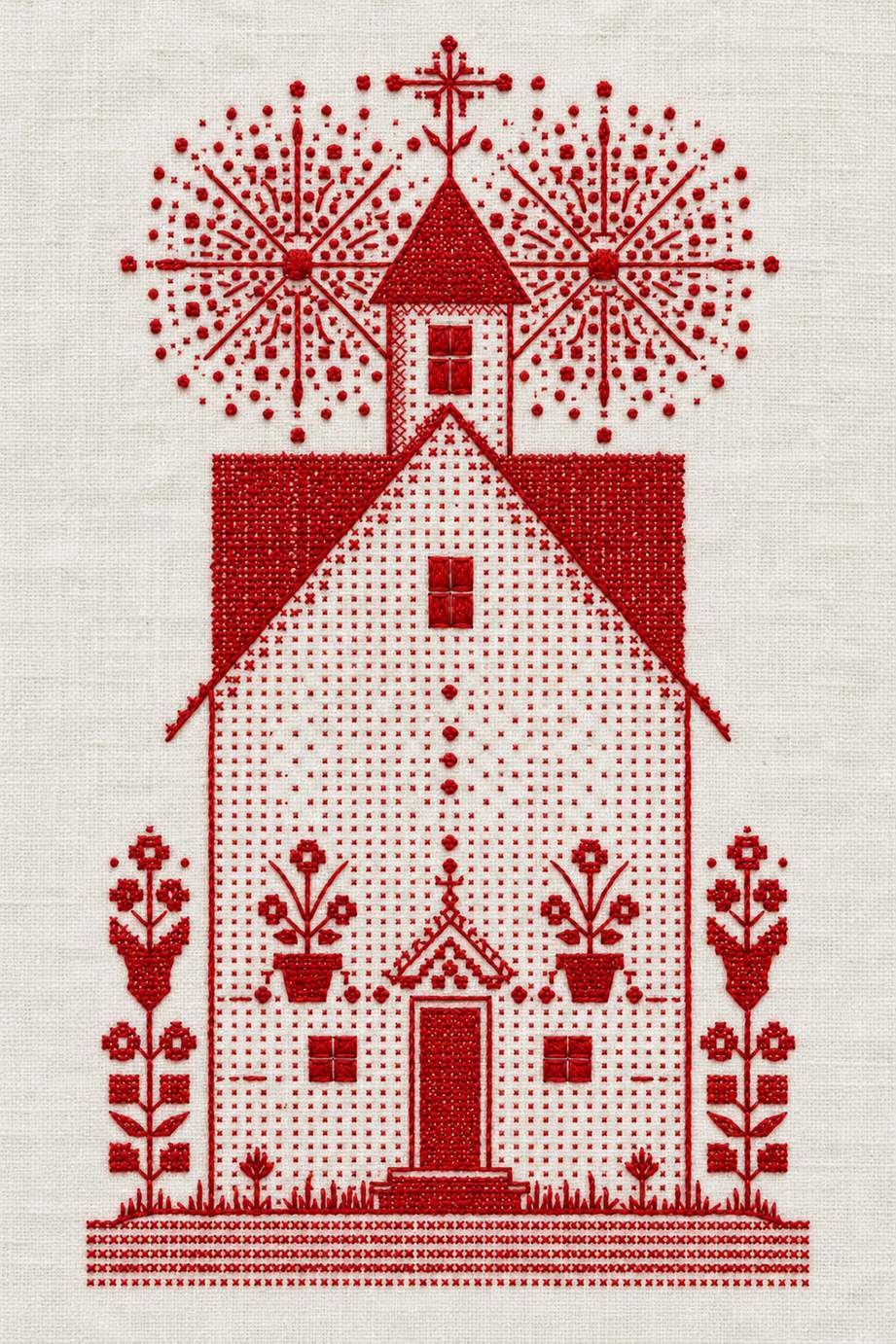 Vintage Cross Stitch and Redwork Library Book 3 - redwork folk church. Fine cotton hand embroidery preview faithful to the original design.