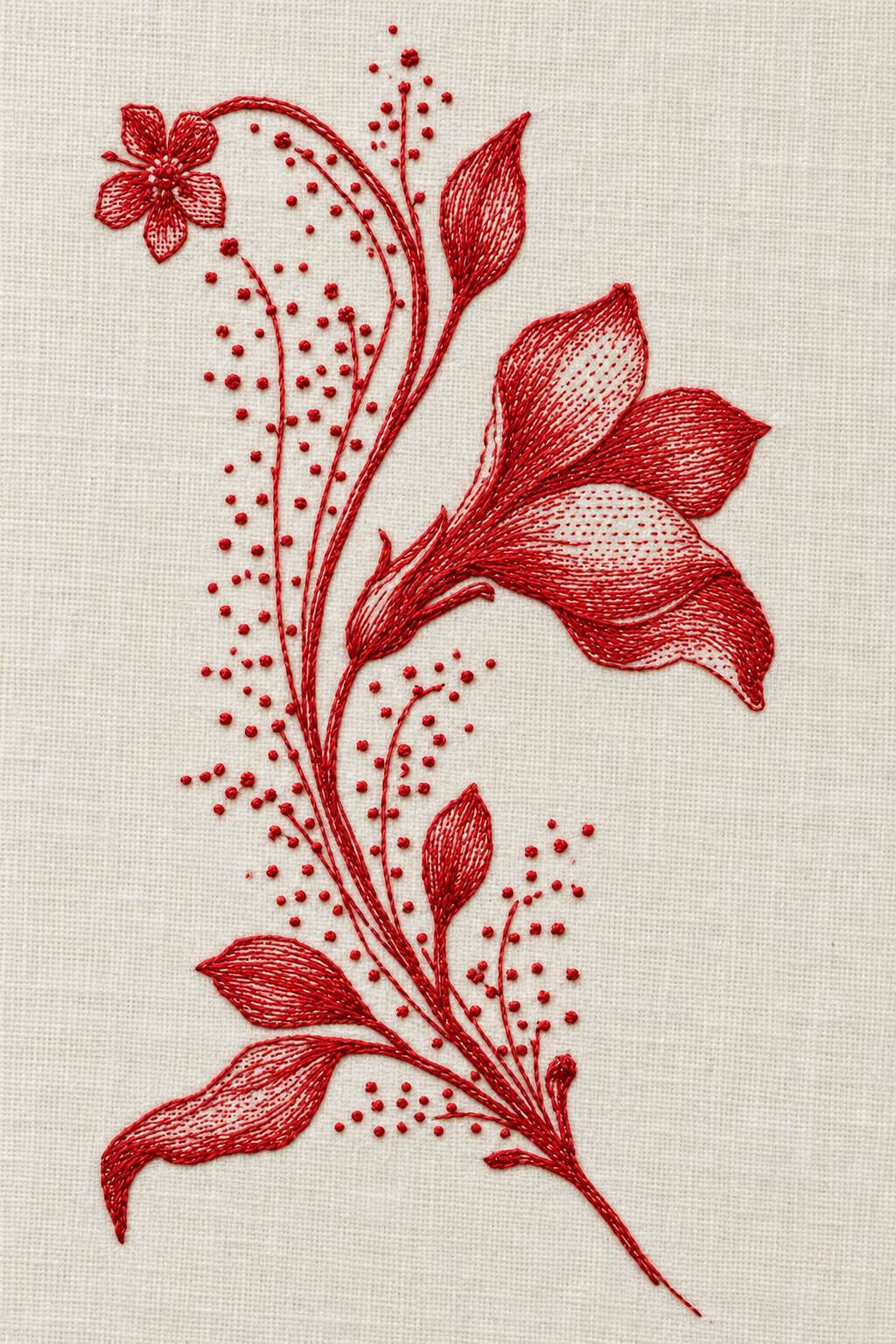 Vintage Cross Stitch and Redwork Library Book 3 - redwork curved flower branch. Fine cotton hand embroidery preview faithful to the original design.