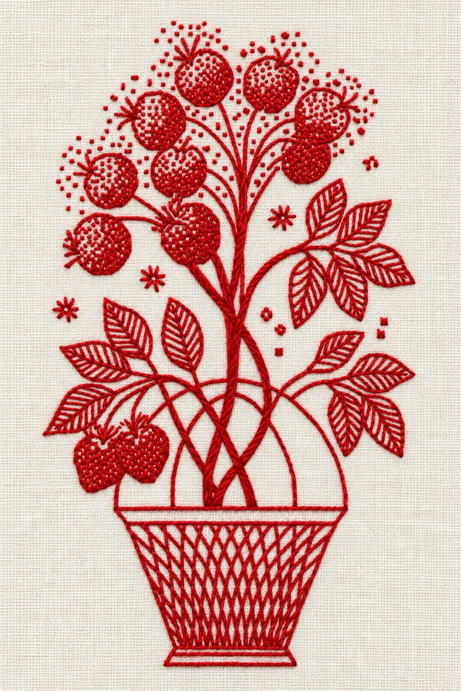 Vintage Cross Stitch and Redwork Library Book 3 - redwork fruiting basket. Fine cotton hand embroidery preview faithful to the original design.