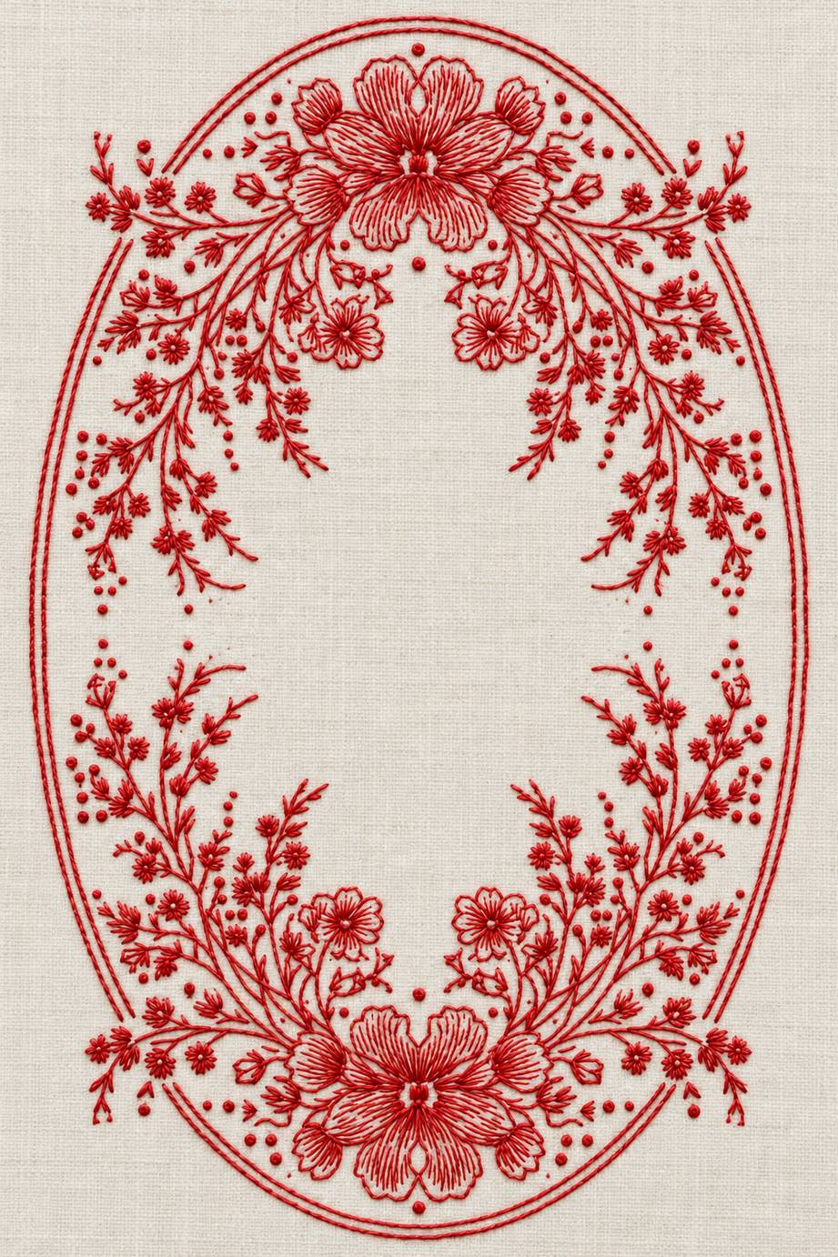 Vintage Cross Stitch and Redwork Library Book 3 - redwork oval flower garland. Fine cotton hand embroidery preview faithful to the original design.