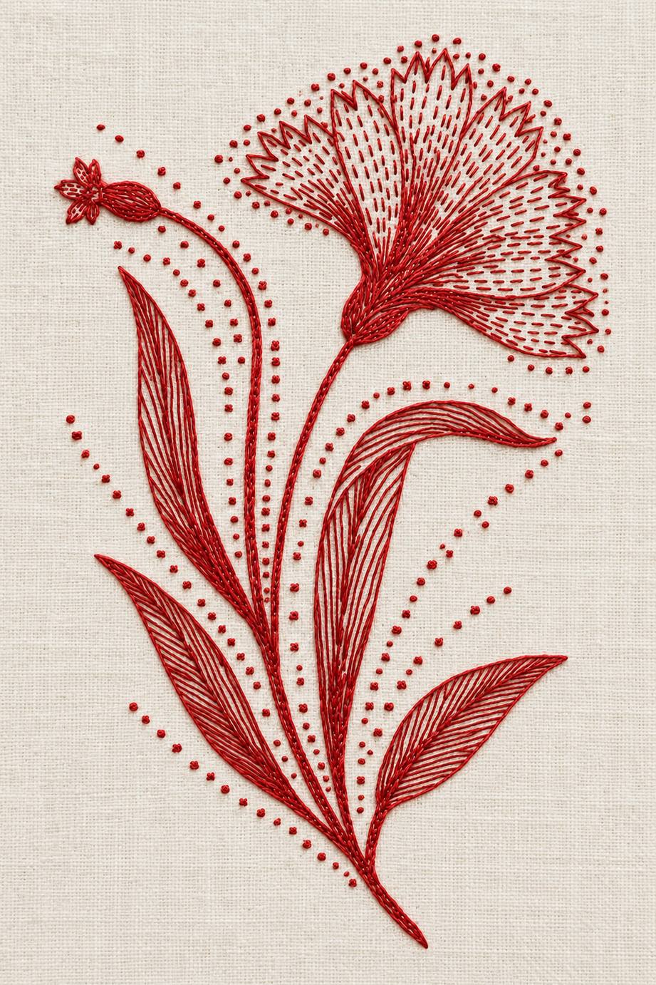 Vintage Cross Stitch and Redwork Library Book 3 - redwork fringed flower stem. Fine cotton hand embroidery preview faithful to the original design.
