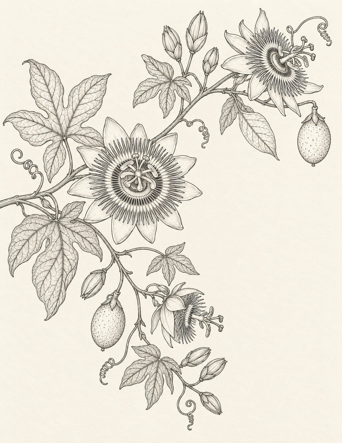 Study 087 Passionflower Across the Folded Vine botanical drawing