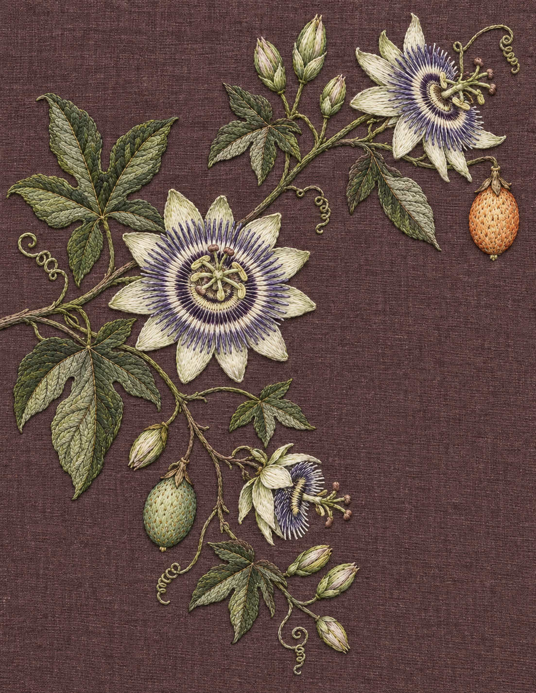 Study 087 Passionflower Across the Folded Vine embroidered textile interpretation