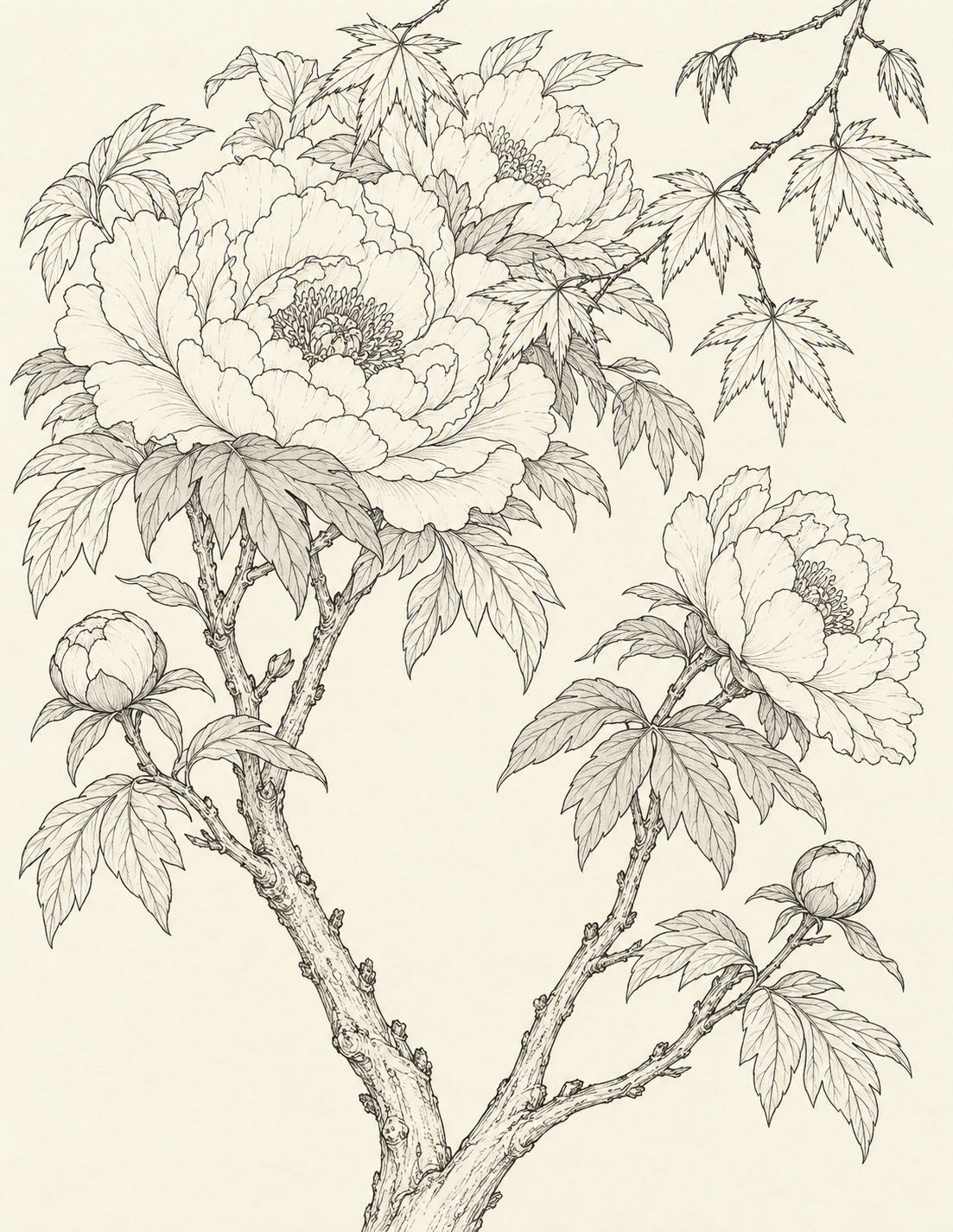 Study 091 Tree Peonies Beneath the Unfolding Maple botanical drawing