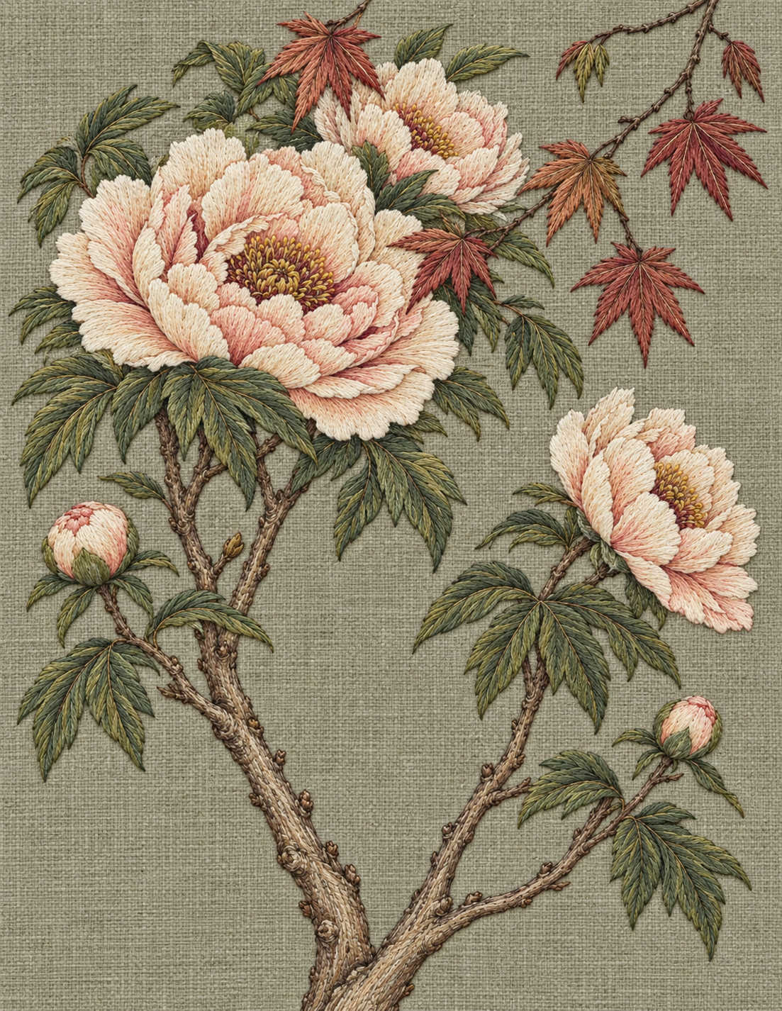 Study 091 Tree Peonies Beneath the Unfolding Maple embroidered textile interpretation