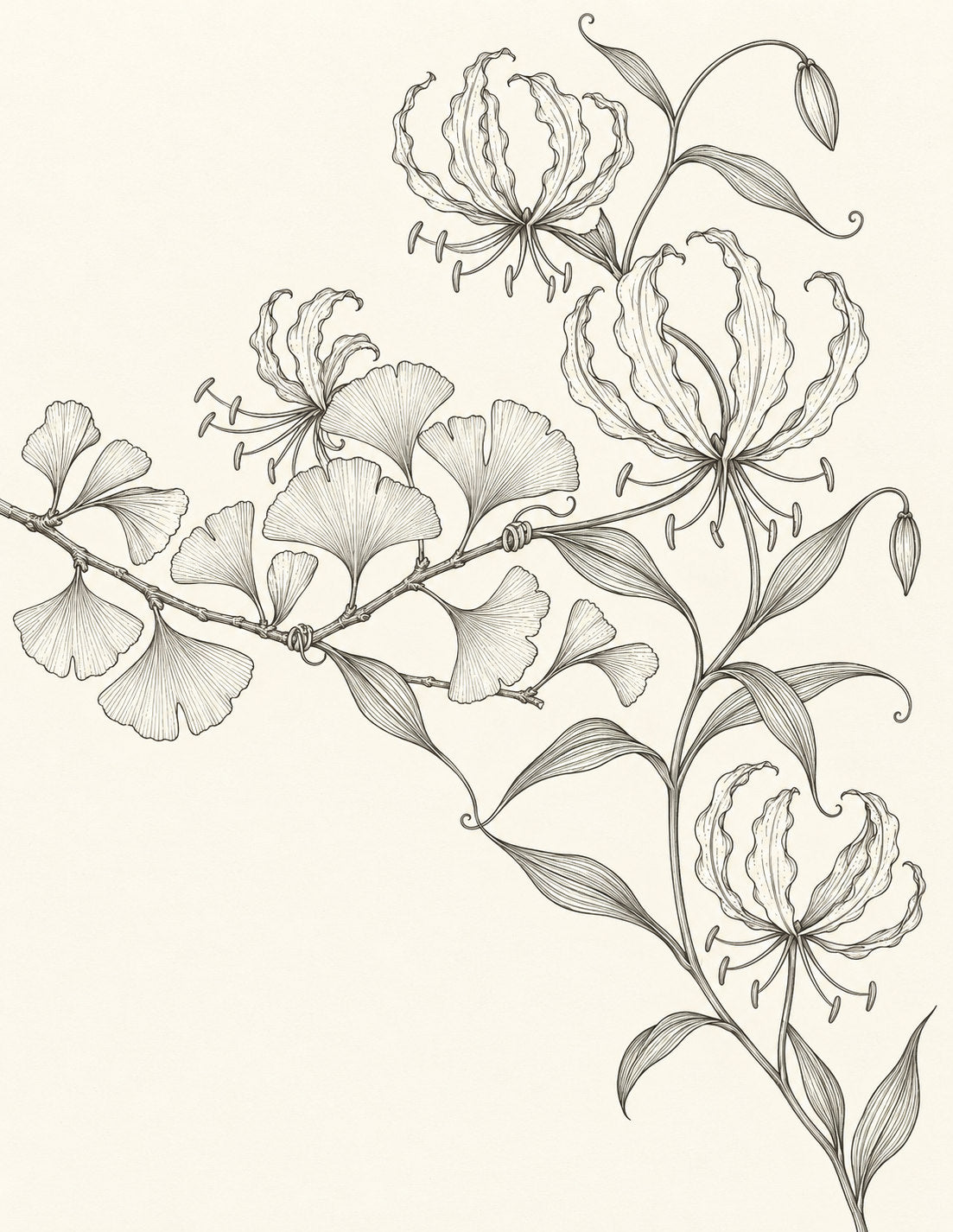 Study 094 Gloriosa Climbing Through a Ginkgo Fan botanical drawing