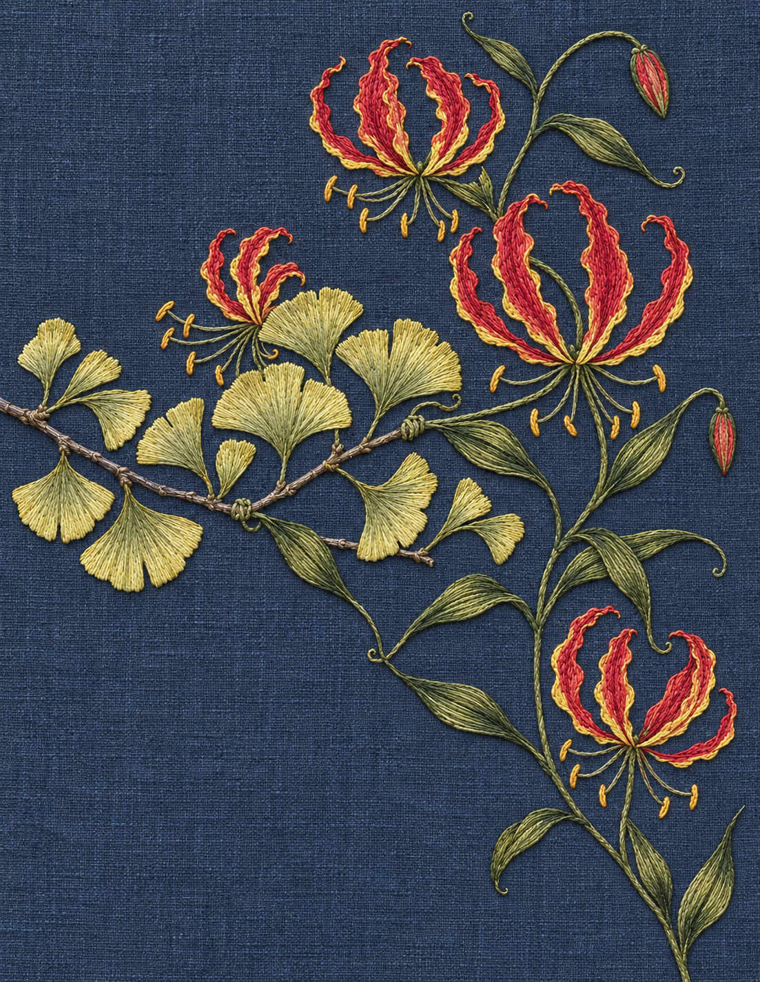 Study 094 Gloriosa Climbing Through a Ginkgo Fan embroidered textile interpretation