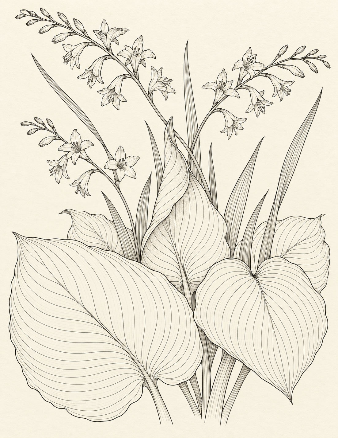 Study 101 Crocosmia Crossing the Hosta Folds botanical drawing