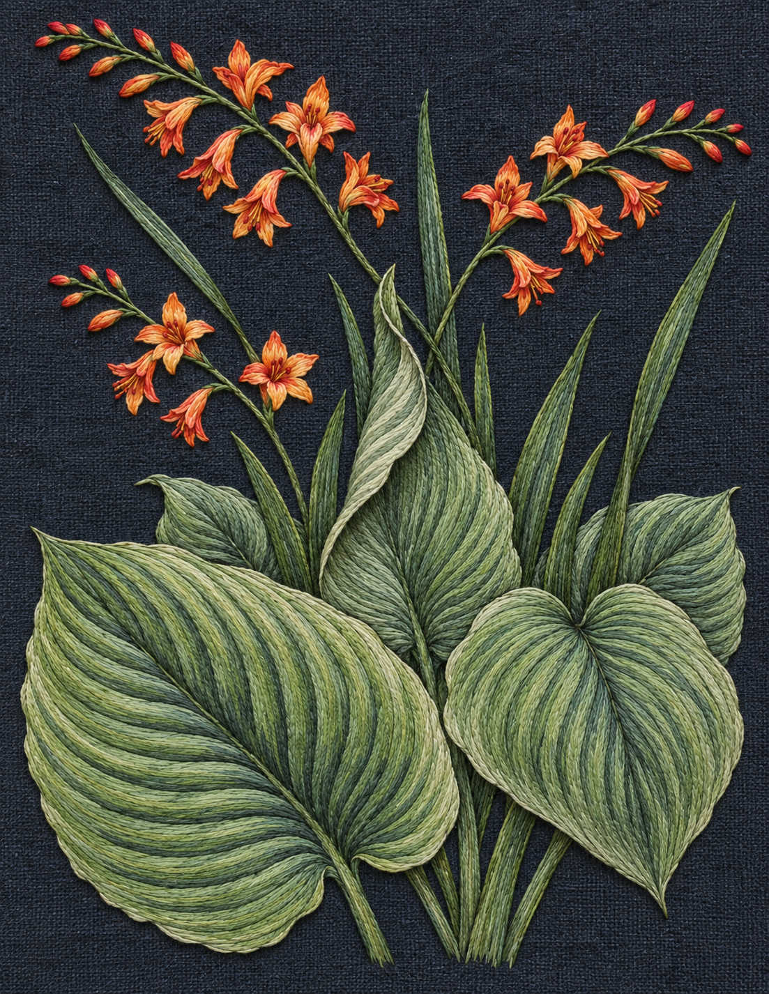 Study 101 Crocosmia Crossing the Hosta Folds embroidered textile interpretation