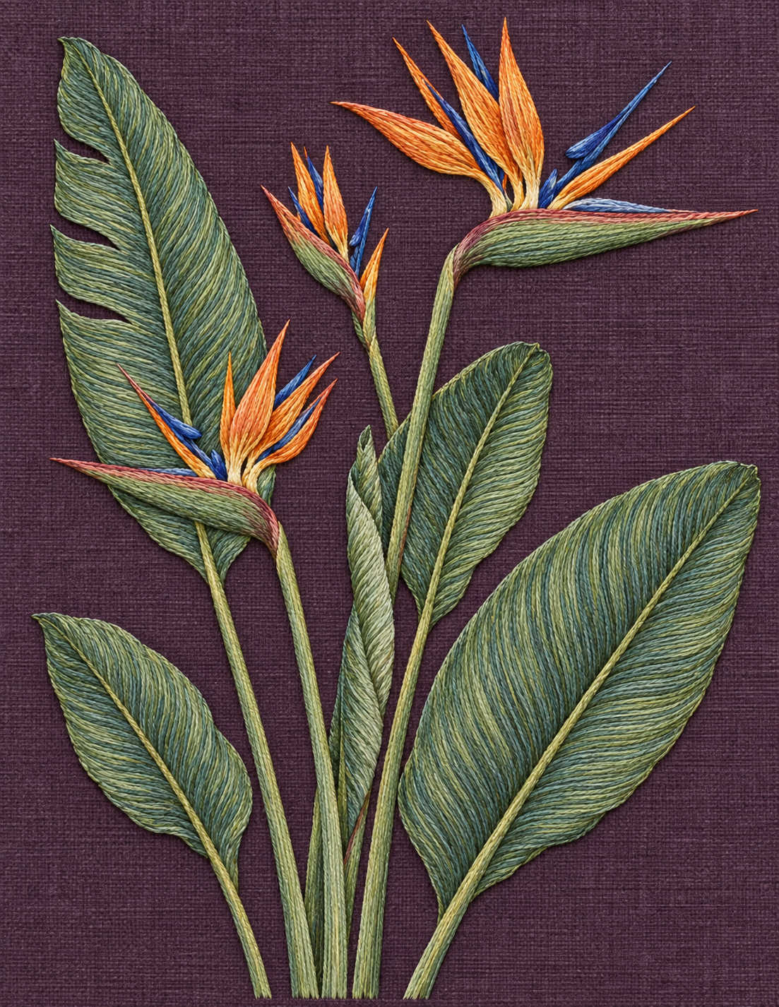 Study 117 Bird of Paradise Across the Split Leaf embroidered textile interpretation