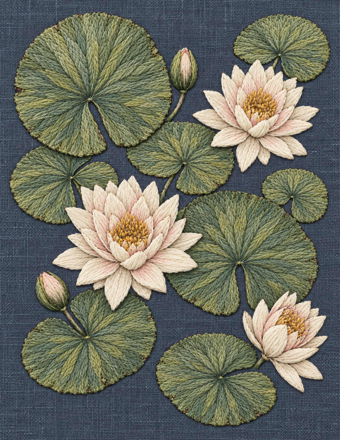Study 139 Water Lilies Across the Broken Surface embroidered textile interpretation