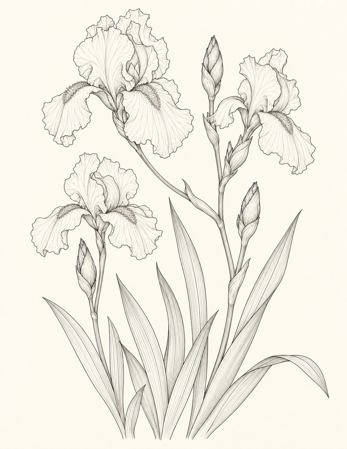 Study 143 Bearded Irises Across the Open Elbow botanical drawing