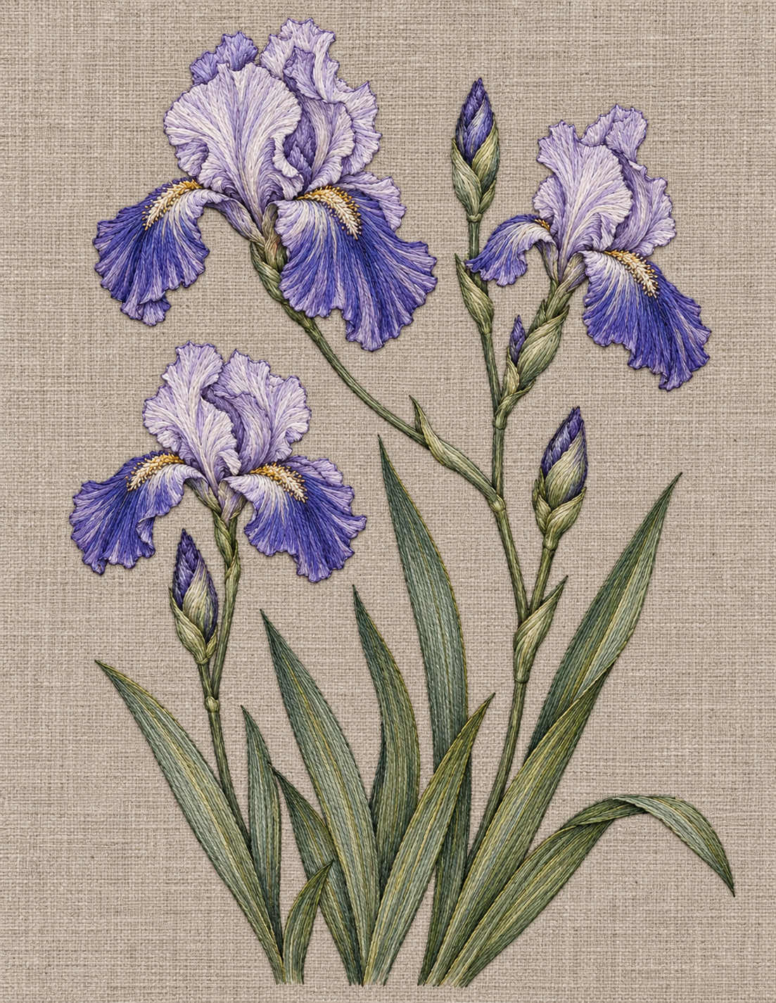 Study 143 Bearded Irises Across the Open Elbow embroidered textile interpretation