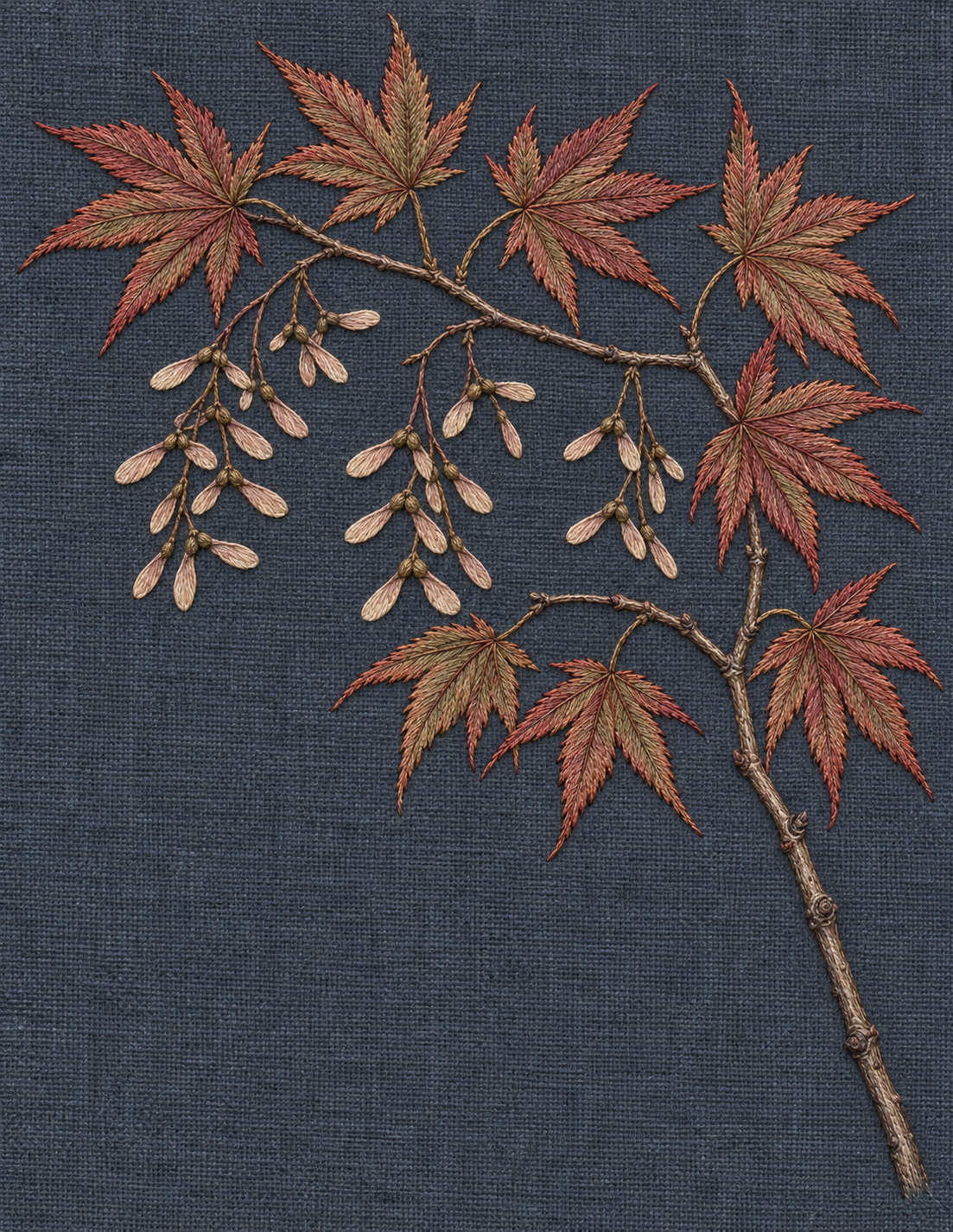 Study 149 Maple Samaras Beneath the Turning Crown embroidered textile interpretation