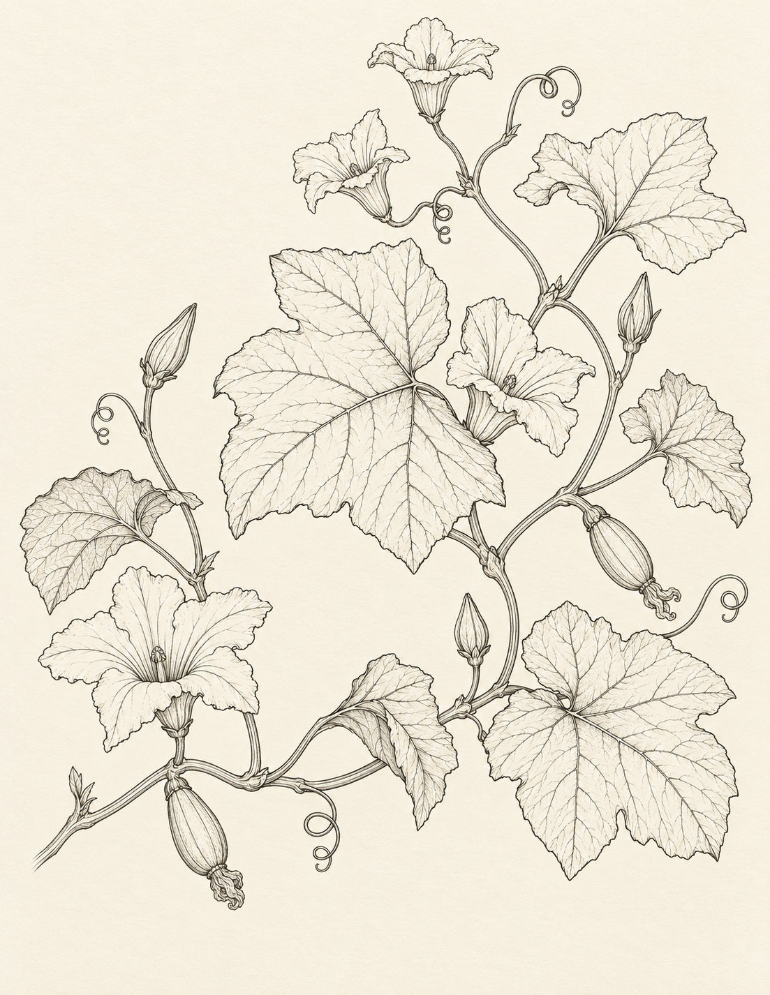Study 150 Squash Blossoms Across the Grounded Vine botanical drawing