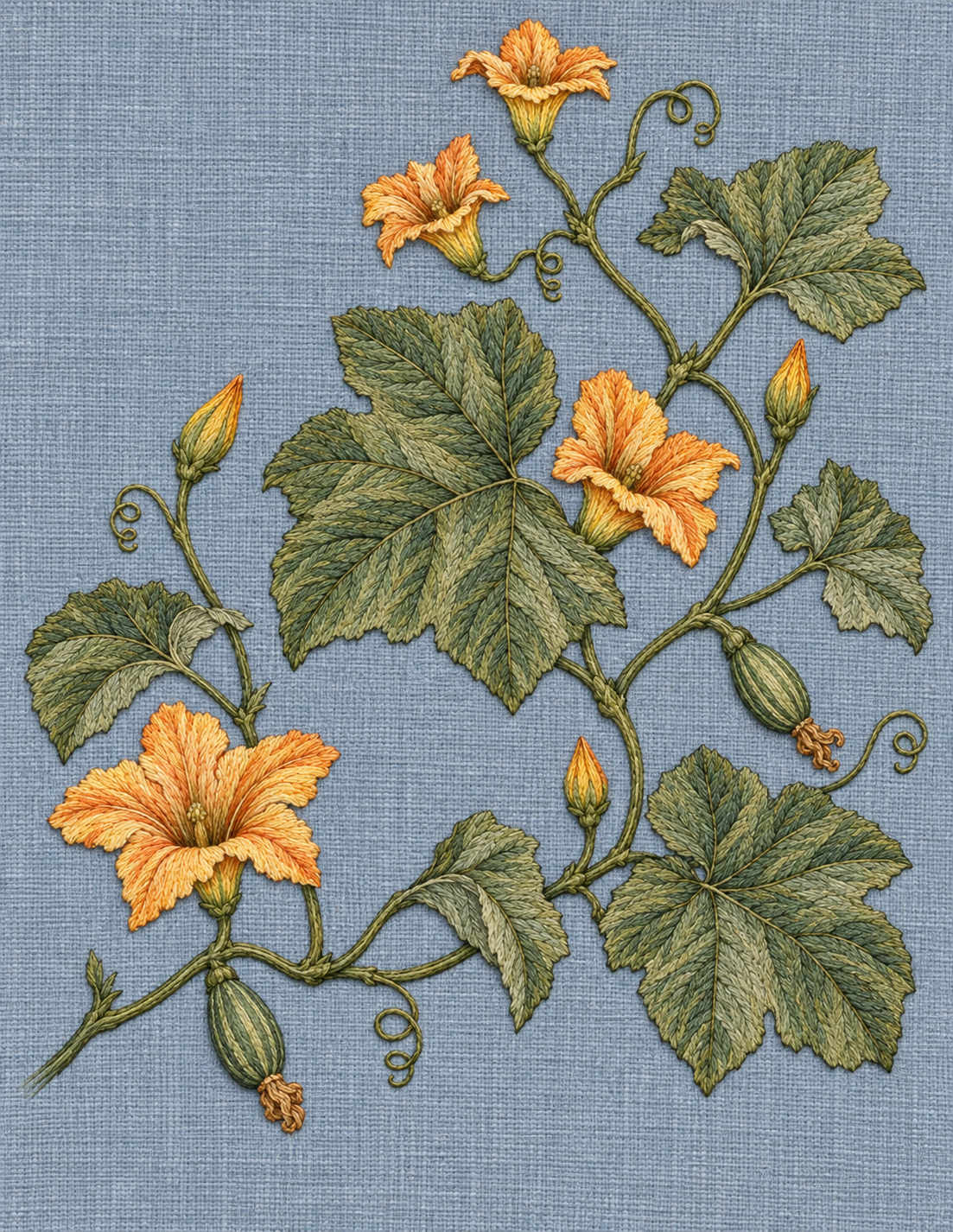 Study 150 Squash Blossoms Across the Grounded Vine embroidered textile interpretation