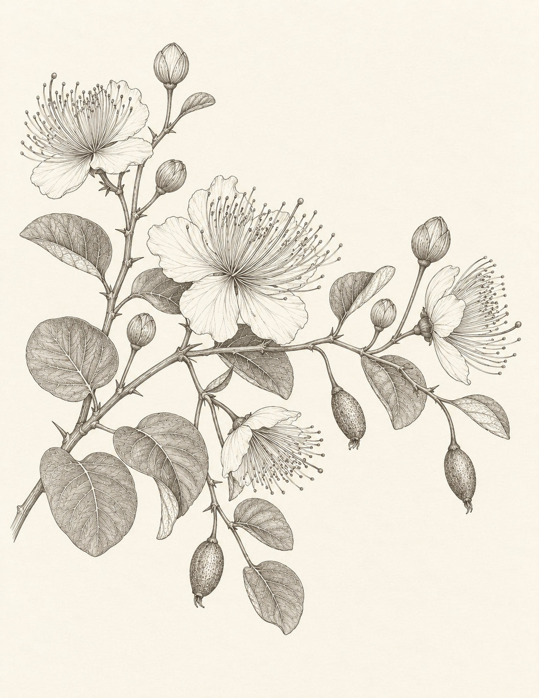 Study 157 Caper Flowers Along the Low Branch botanical drawing