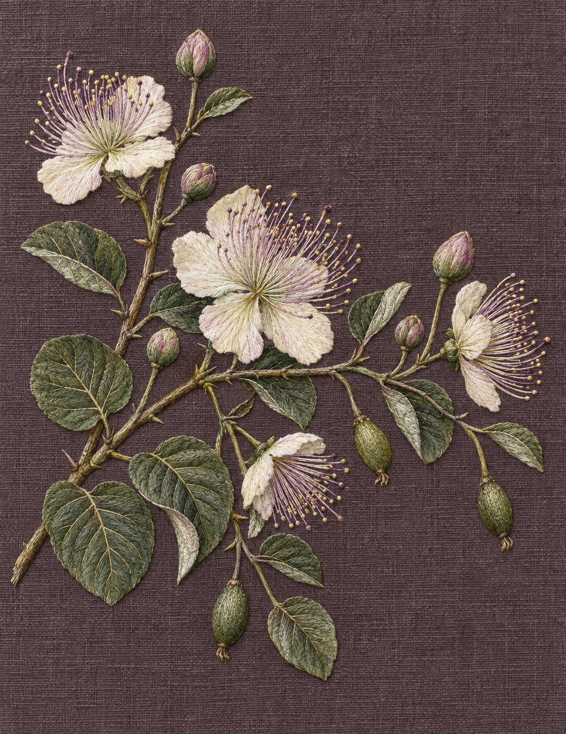 Study 157 Caper Flowers Along the Low Branch embroidered textile interpretation