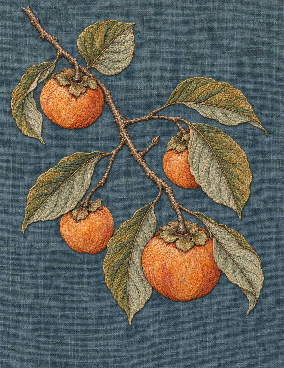 Study 158 Persimmon Fruit Beneath the Bare Spur embroidered textile interpretation