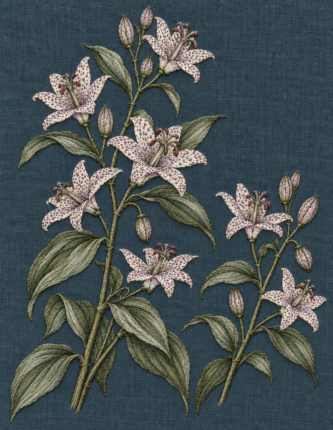 Study 160 Toad Lilies Along the Stepped Woodland Stem embroidered textile interpretation