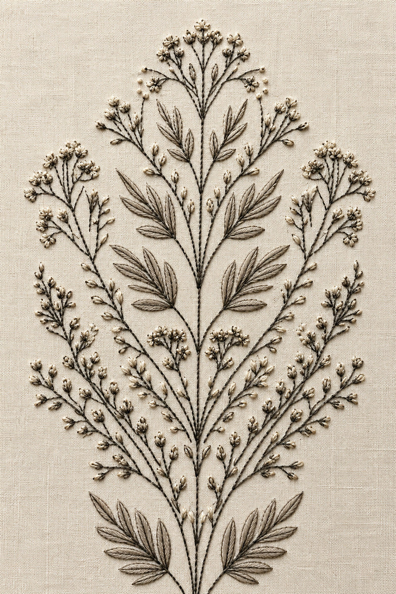 Symmetrical Botanical Motif from Botanical Embroidery Designs Book 4, a digital embroidery design reference for machine embroidery designs, embroidery patterns and botanical and floral embroidery.