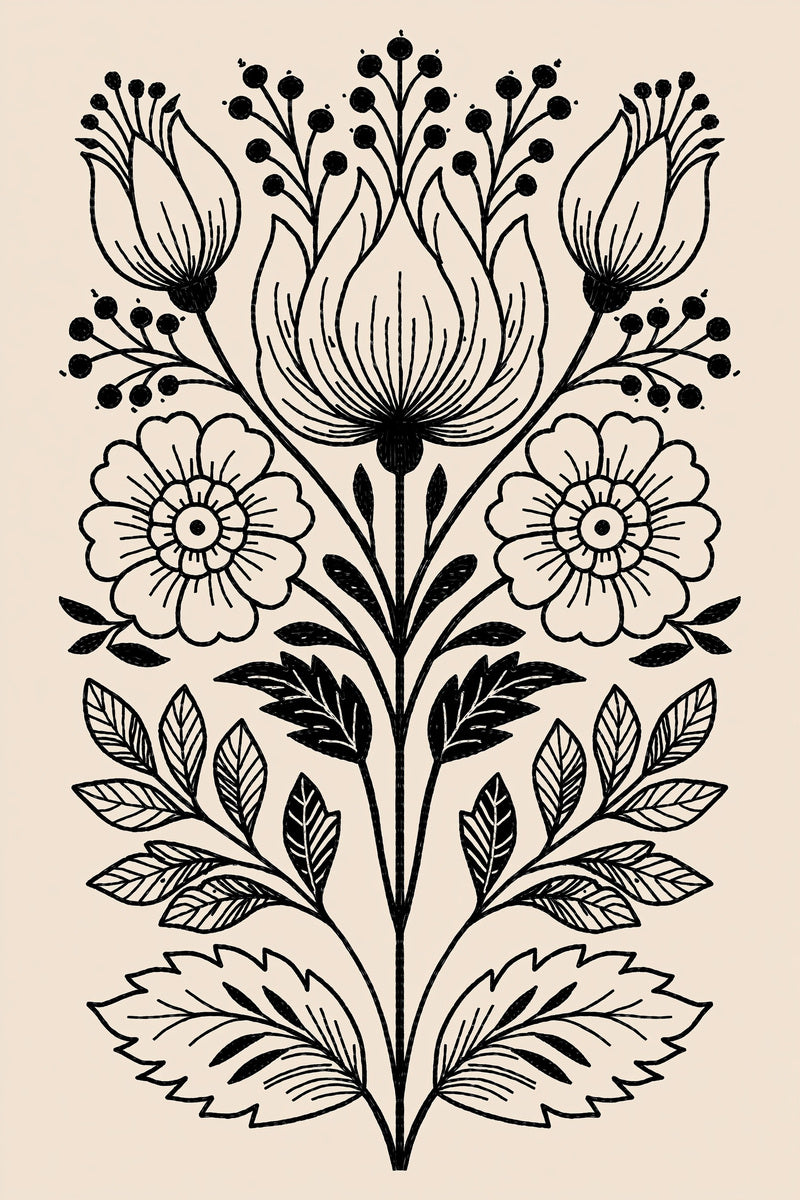 Symmetrical Folk Floral Branch from Hungarian & Slavic Embroidery Motifs Book 2, a digital embroidery design reference for machine embroidery designs, embroidery patterns and botanical and floral embroidery.