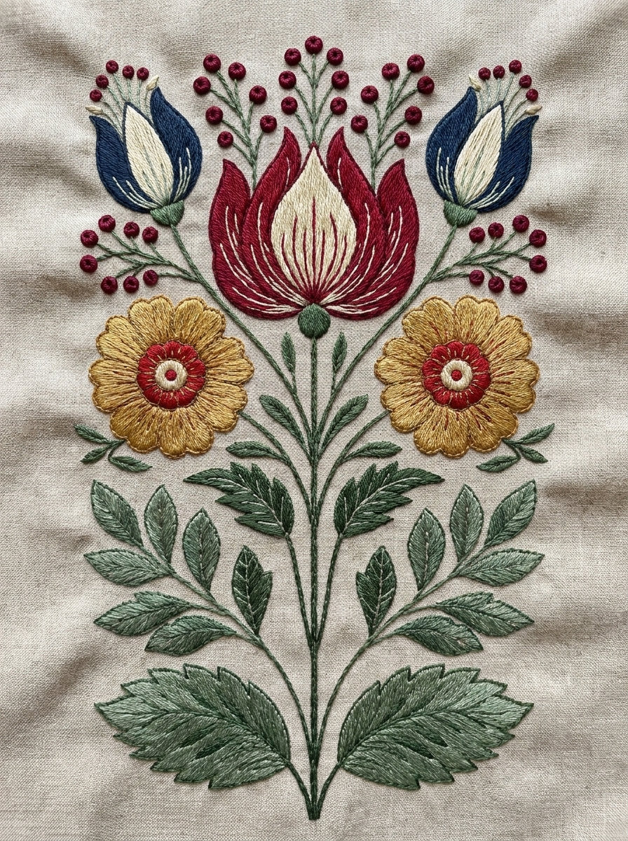 Symmetrical Folk Floral Branch from Hungarian & Slavic Embroidery Motifs Book 2, a digital embroidery design reference for machine embroidery designs, embroidery patterns and botanical and floral embroidery.