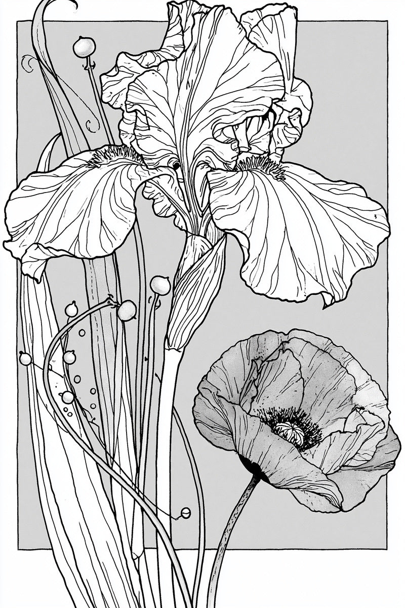 Tall Iris And Poppy Decorative 02 from Art Nouveau Botanical Embroidery Book 3, a digital embroidery design reference for machine embroidery designs, embroidery patterns and botanical and floral embroidery.
