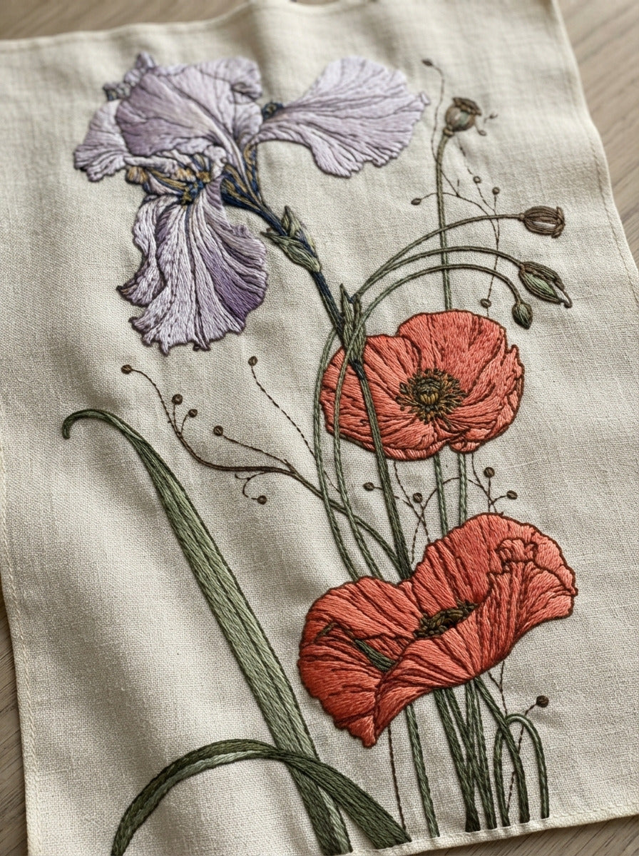 Tall Iris And Poppy Decorative 02 from Art Nouveau Botanical Embroidery Book 3, a digital embroidery design reference for machine embroidery designs, embroidery patterns and botanical and floral embroidery.