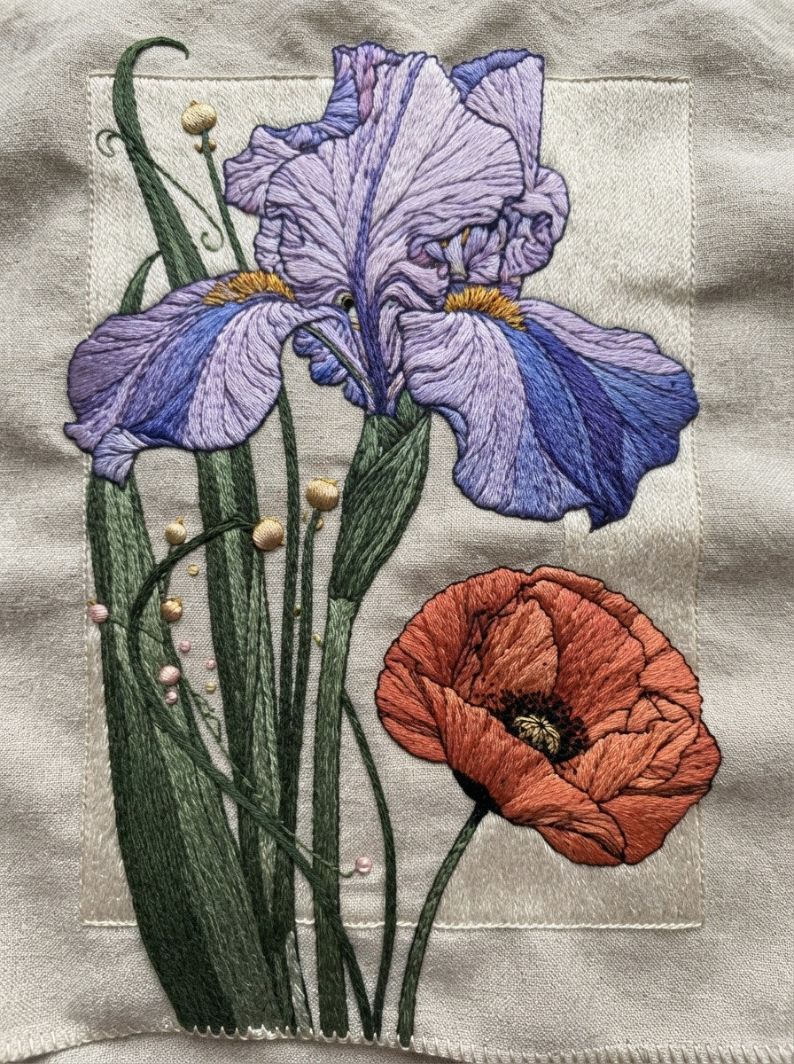 Tall Iris And Poppy Decorative from Art Nouveau Botanical Embroidery Book 3, a digital embroidery design reference for machine embroidery designs, embroidery patterns and botanical and floral embroidery.