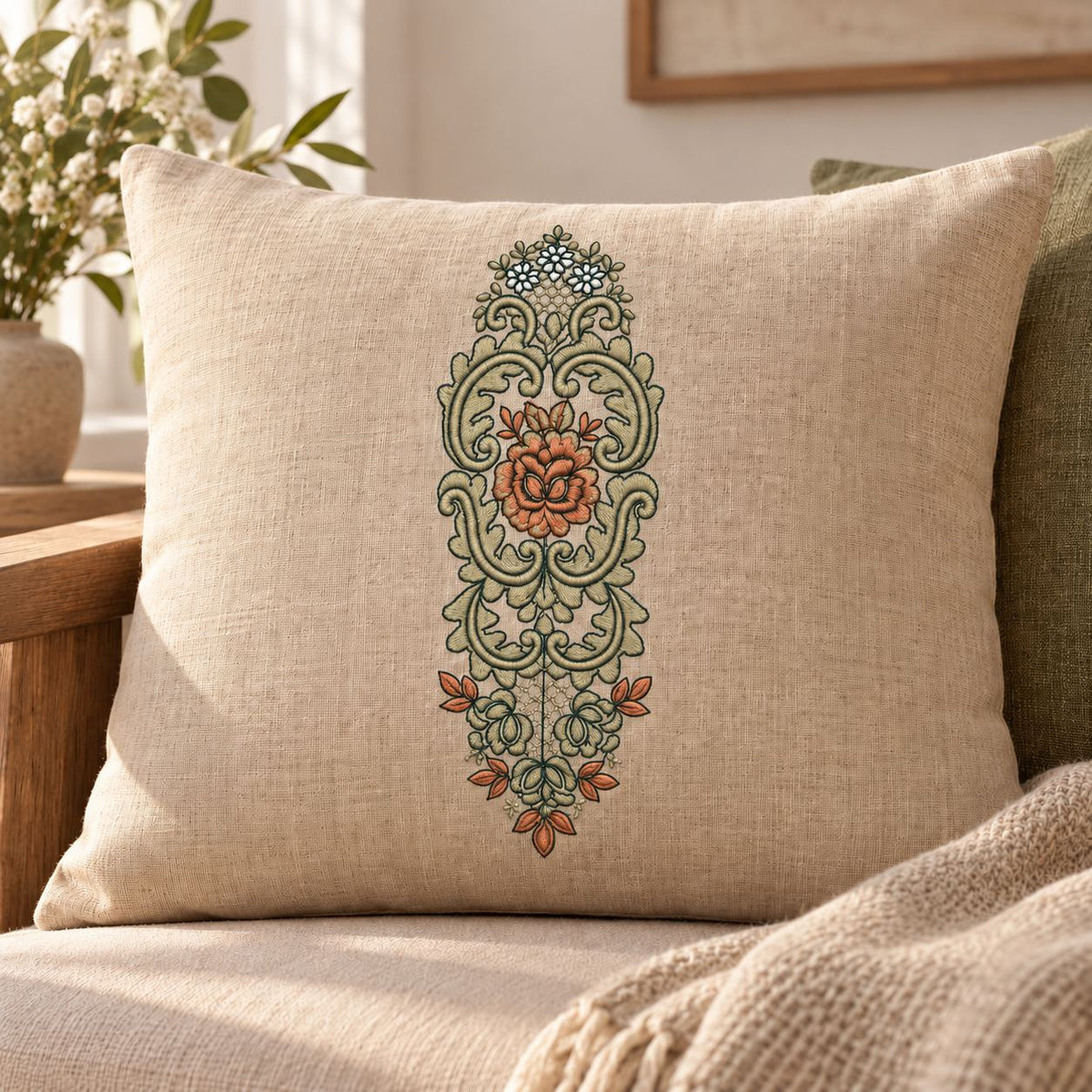 Three-color rose cartouche machine embroidery in blue-green, dusty apricot and lichen-beige on a linen cushion