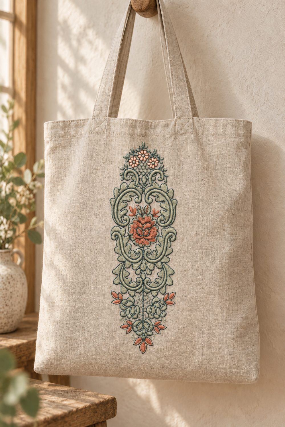 Three-color ornamental rose cartouche machine embroidery on a natural linen tote