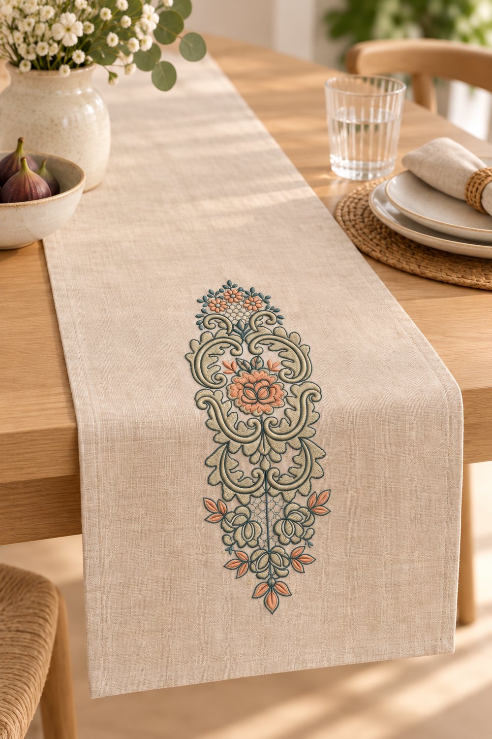 Three-color rose cartouche machine embroidery used as one placement on a linen table runner