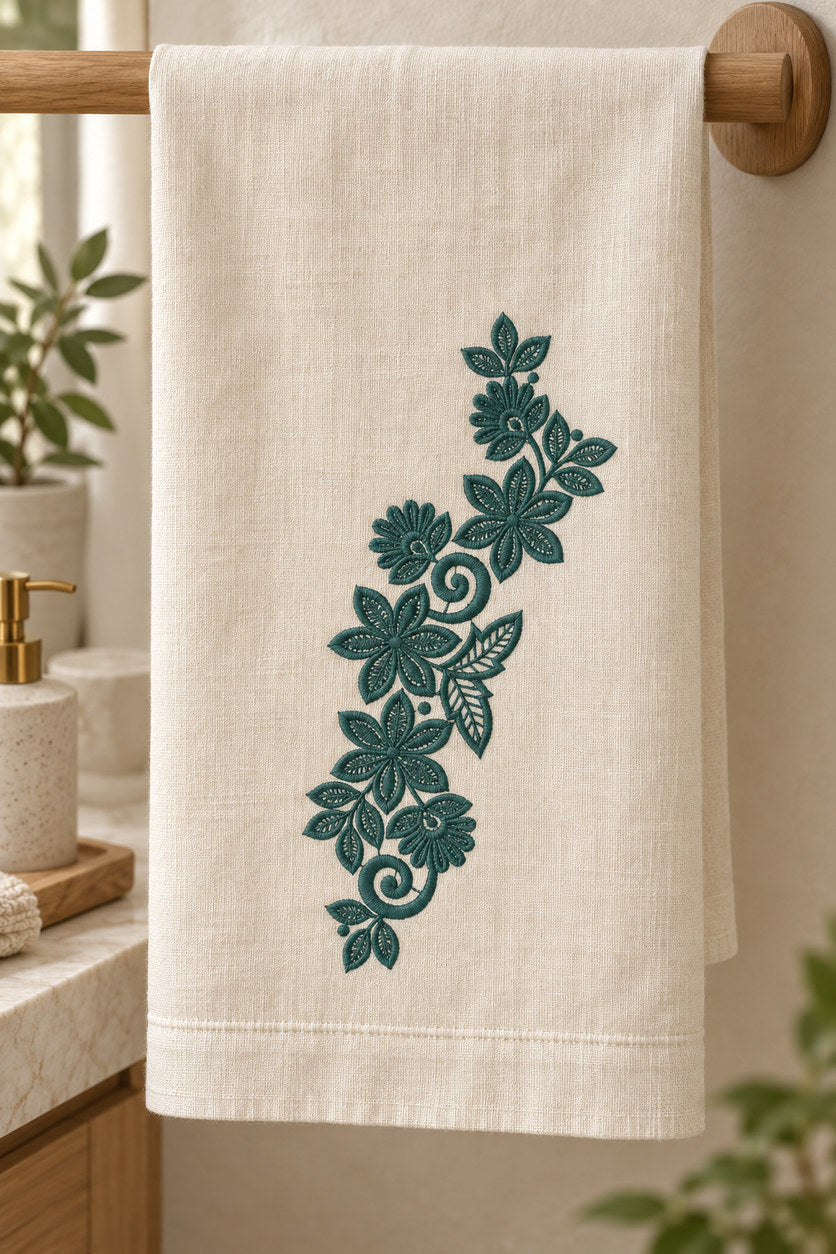 Linen guest towel with a single deep muted teal green machine-embroidered star bloom and fan flower vine motif on natural ivory linen.