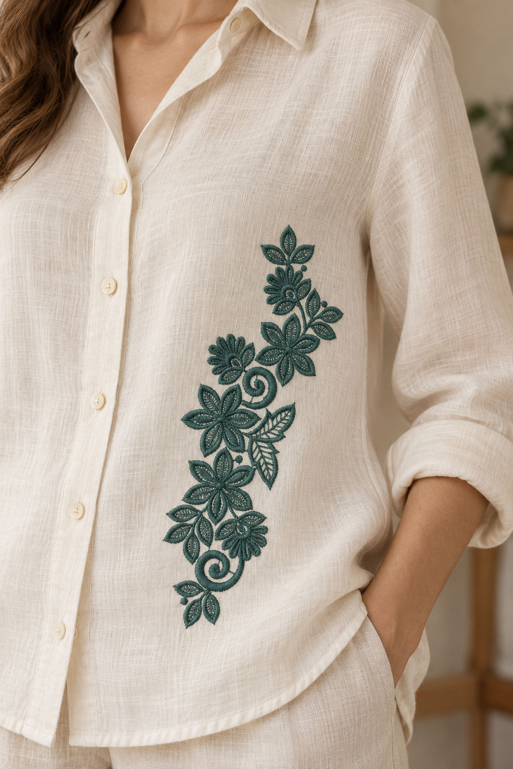 Linen shirt with a single deep muted teal green machine-embroidered star bloom and fan flower vine motif on natural ivory linen.