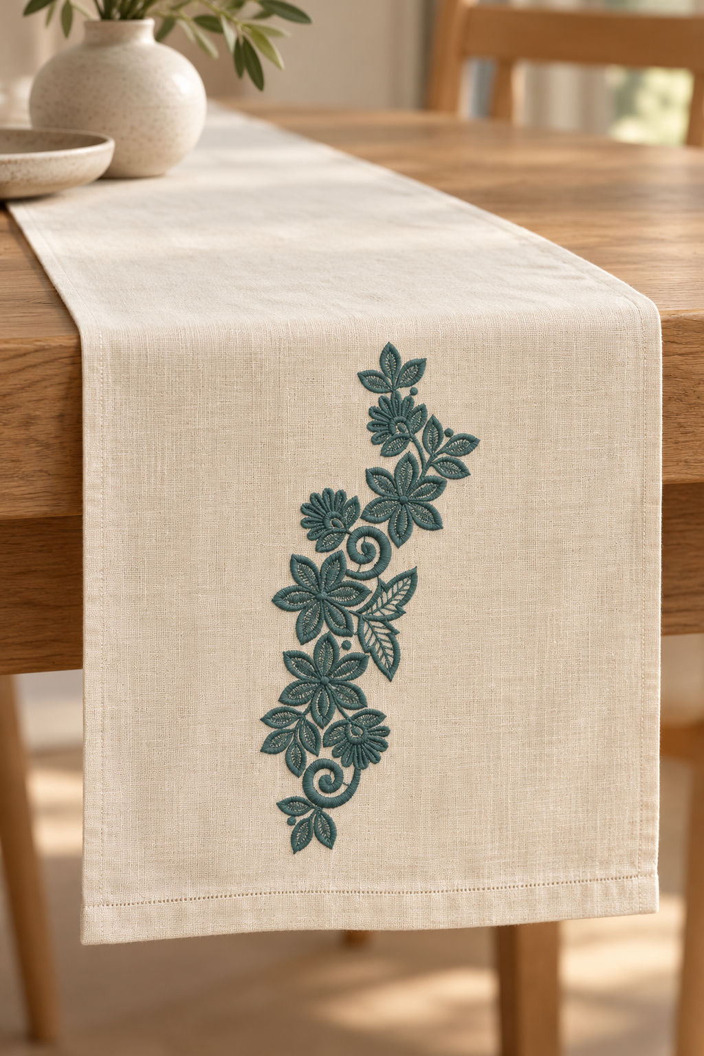 Linen table runner with a single deep muted teal green machine-embroidered star bloom and fan flower vine motif on natural ivory linen.